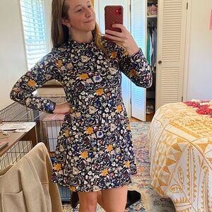 Retro, 70s bohemian hippie mod dress with mock neck paisley pattern